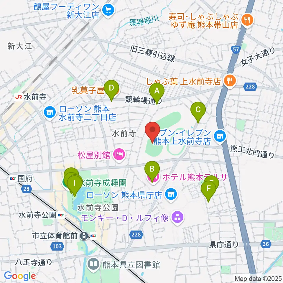 熊本市水前寺野球場周辺のカフェ一覧地図