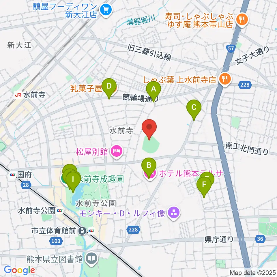 熊本市水前寺野球場周辺のカフェ一覧地図