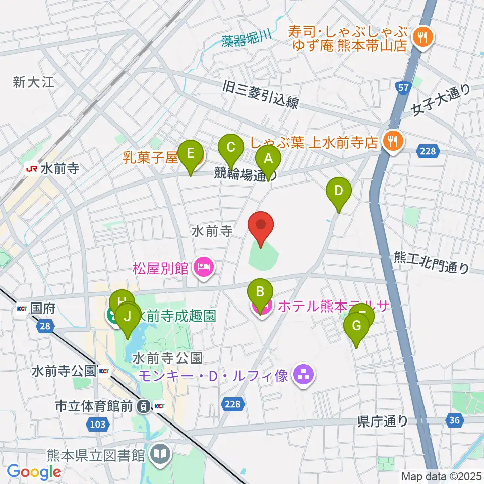 熊本市水前寺野球場周辺のカフェ一覧地図