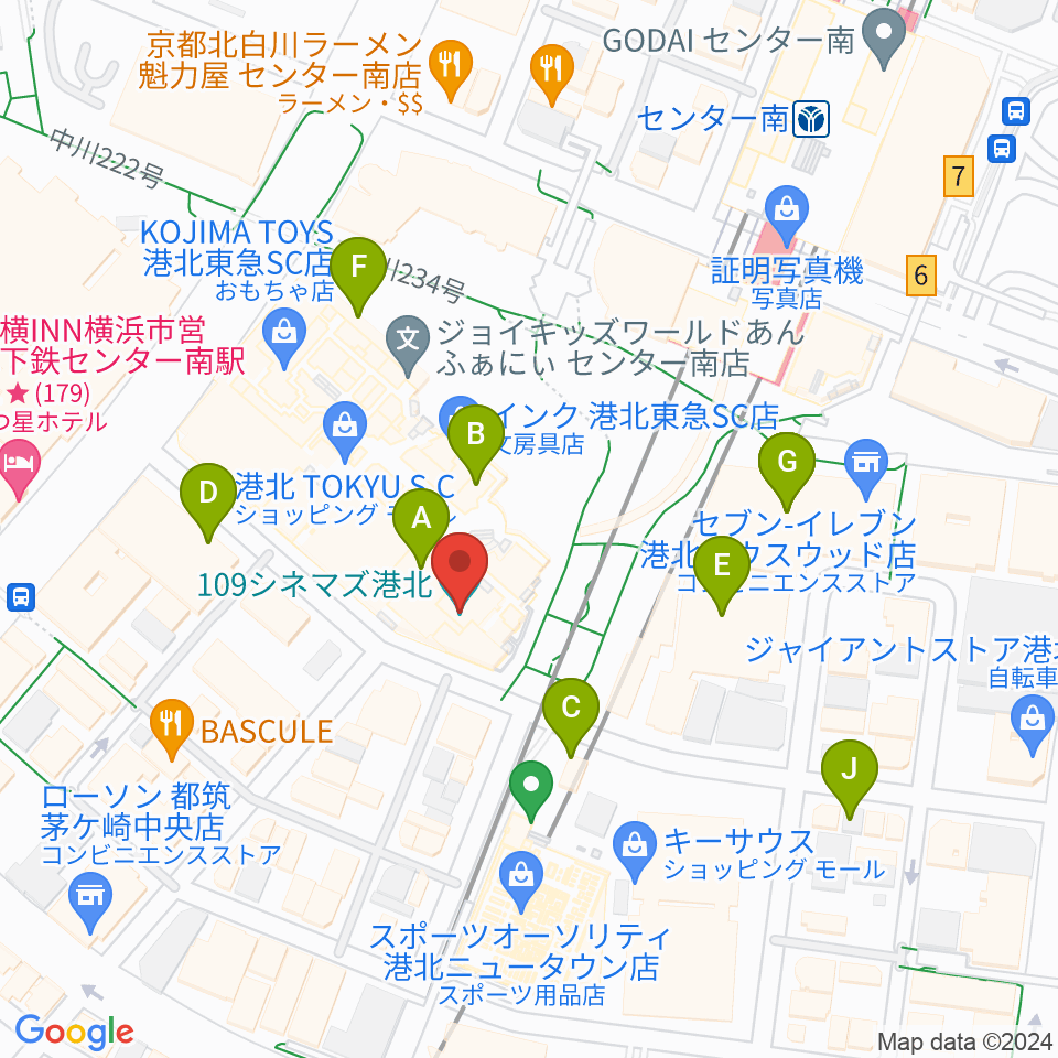 109シネマズ港北周辺のカフェ一覧地図