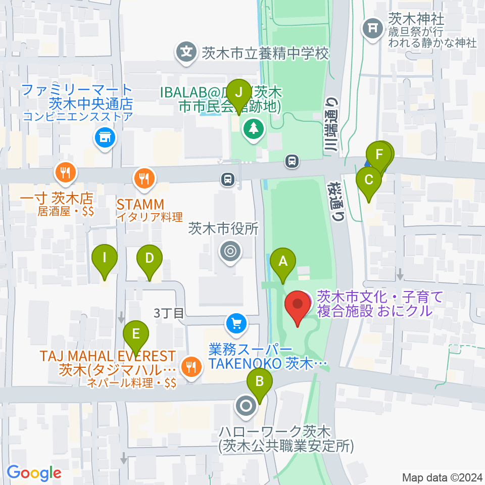 おにクル 茨木市文化子育て複合施設周辺のカフェ一覧地図