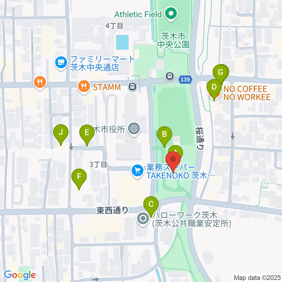 おにクル 茨木市文化子育て複合施設周辺のカフェ一覧地図