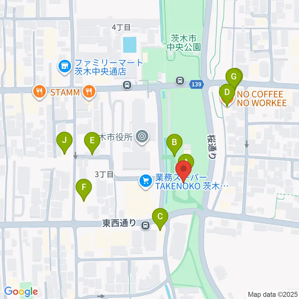 おにクル 茨木市文化子育て複合施設周辺のカフェ一覧地図