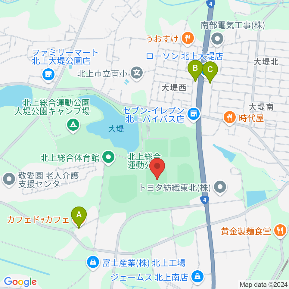 ウエスタンデジタルスタジアムきたかみ周辺のカフェ一覧地図