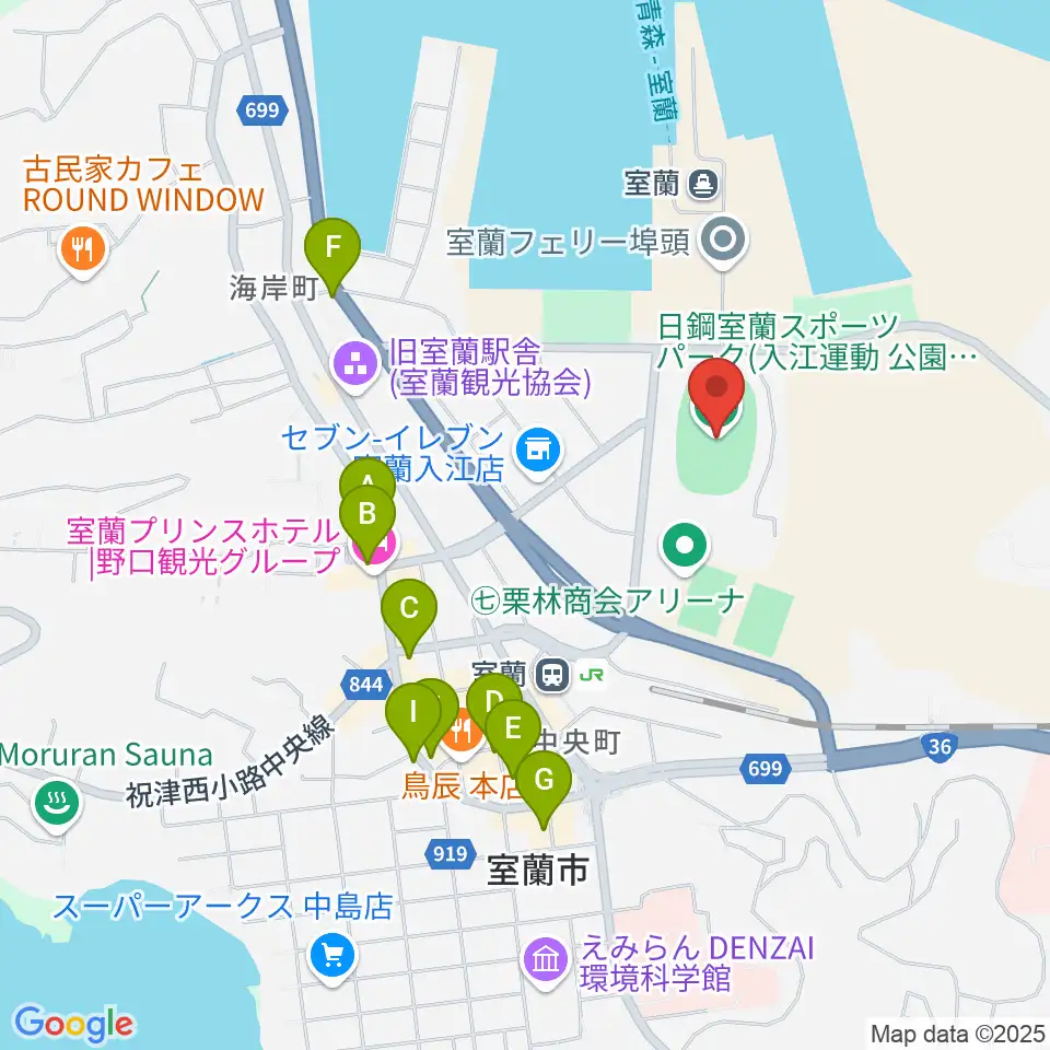 日鋼室蘭スポーツパーク周辺のカフェ一覧地図