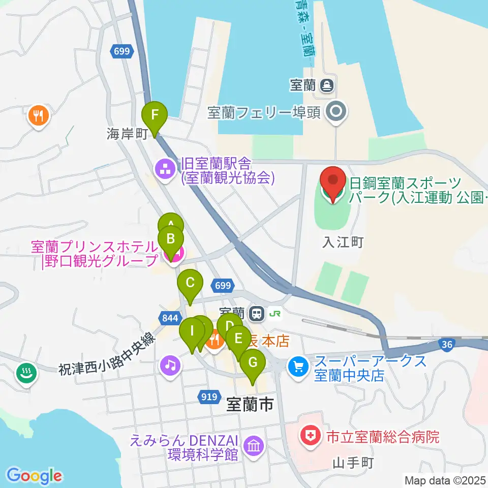 日鋼室蘭スポーツパーク周辺のカフェ一覧地図