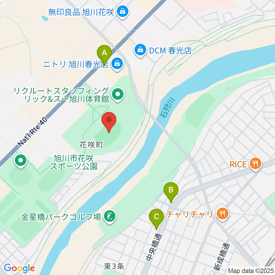旭川市花咲スポーツ公園陸上競技場周辺のカフェ一覧地図