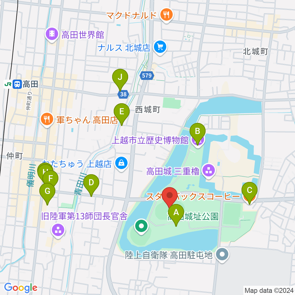 高田城址公園陸上競技場周辺のカフェ一覧地図