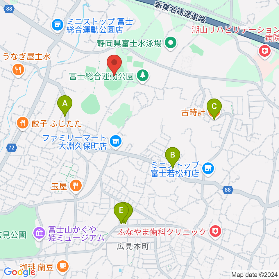 富士総合運動公園陸上競技場周辺のカフェ一覧地図