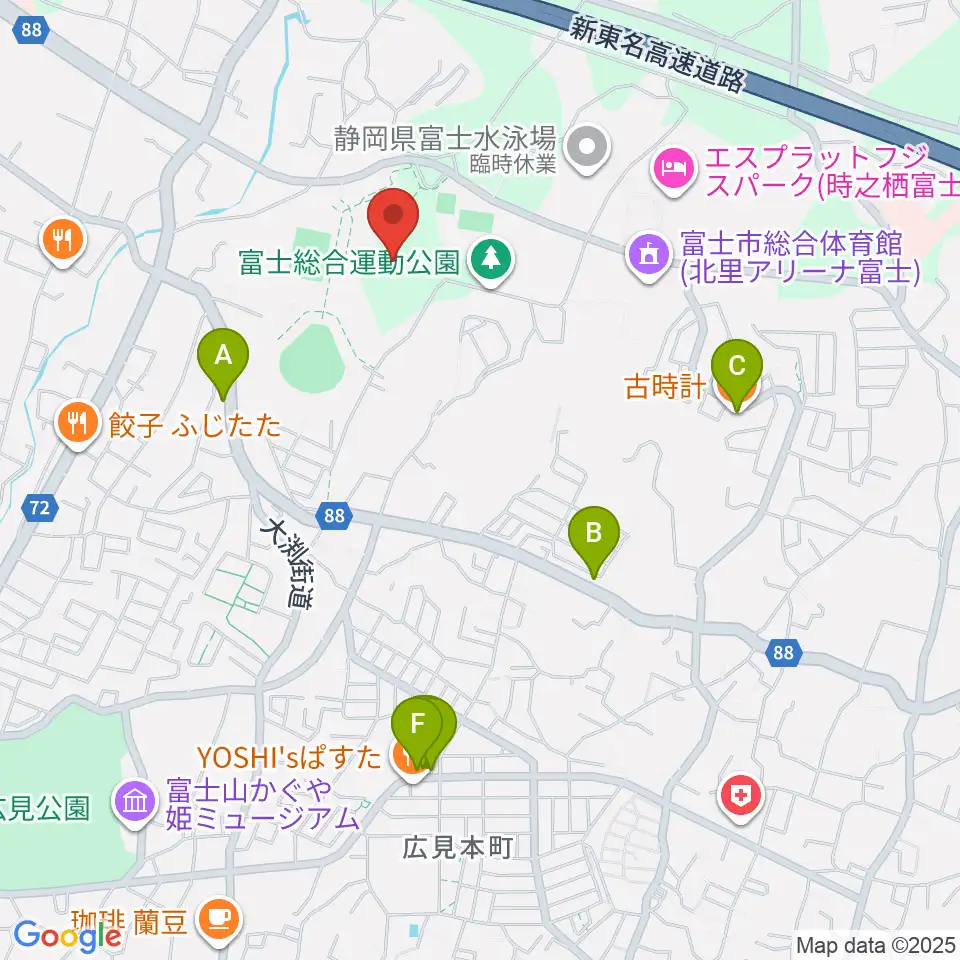 富士総合運動公園陸上競技場周辺のカフェ一覧地図