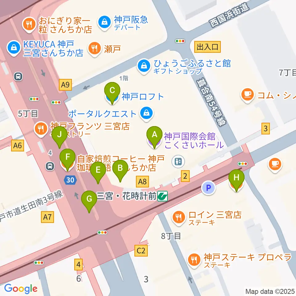 キノシネマ神戸国際周辺のカフェ一覧地図