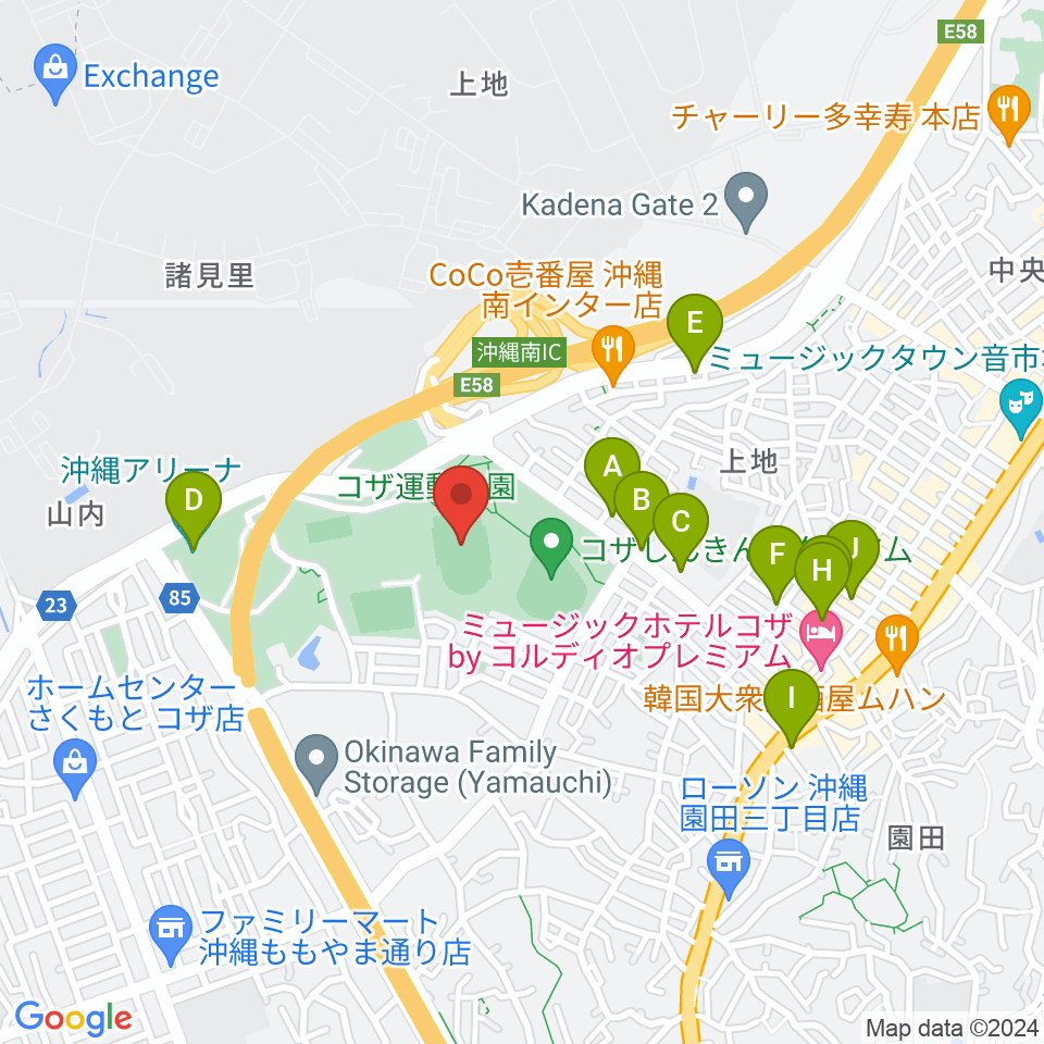 沖縄市陸上競技場周辺のカフェ一覧地図