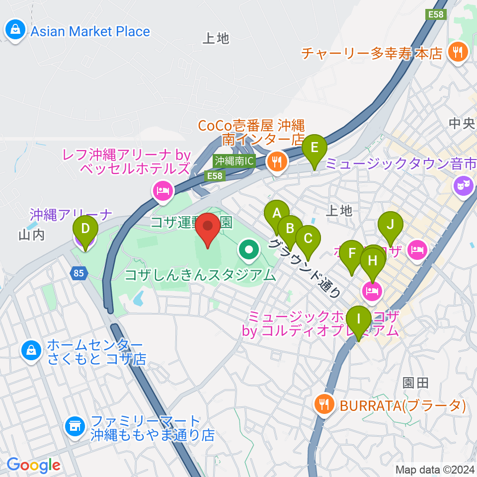 沖縄市陸上競技場周辺のカフェ一覧地図