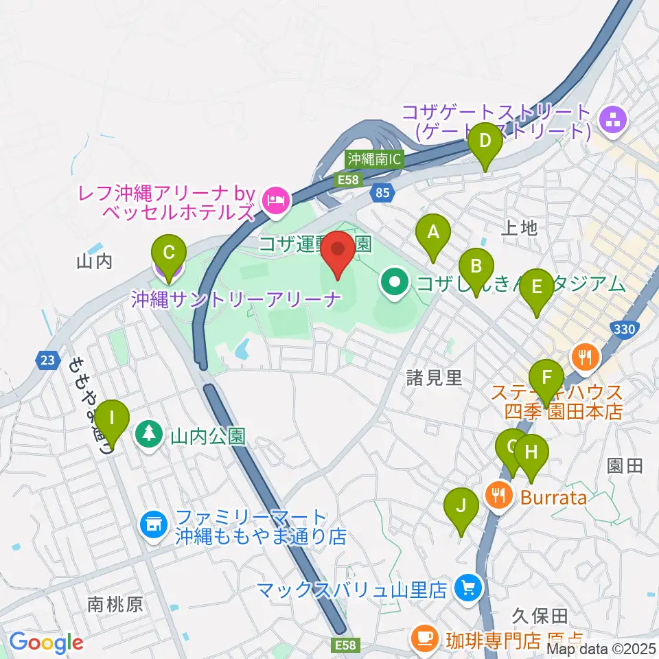 沖縄市陸上競技場周辺のカフェ一覧地図