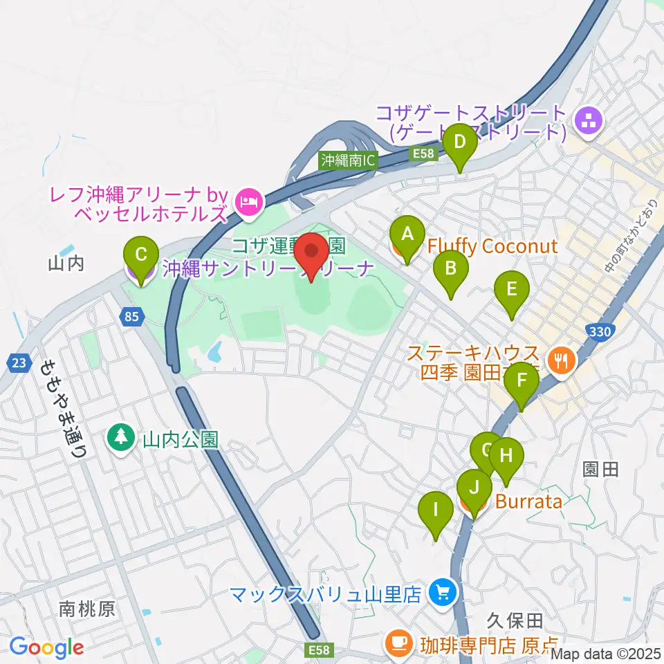 沖縄市陸上競技場周辺のカフェ一覧地図