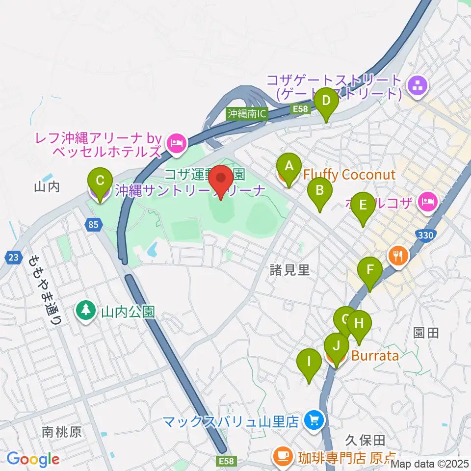 沖縄市陸上競技場周辺のカフェ一覧地図