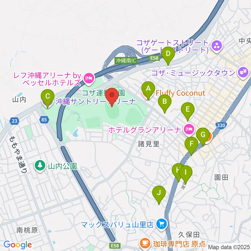 沖縄市陸上競技場周辺のカフェ一覧地図