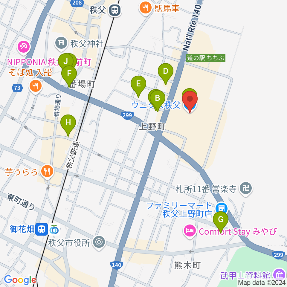 ユナイテッド・シネマ　ウニクス秩父周辺のカフェ一覧地図