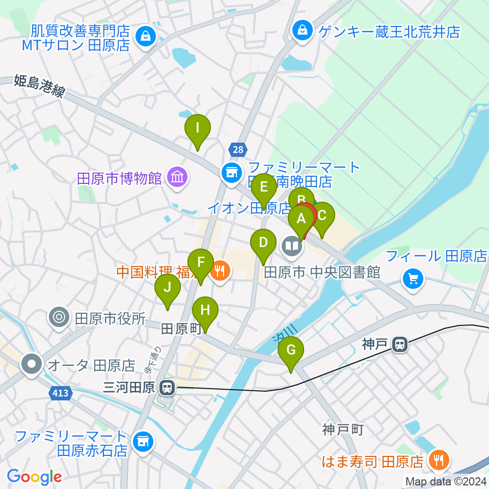 田原文化会館周辺のカフェ一覧地図