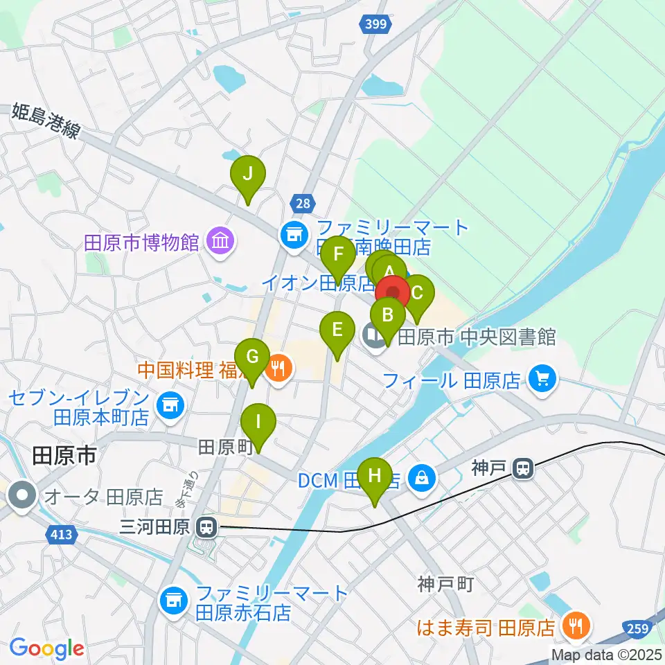 田原文化会館周辺のカフェ一覧地図