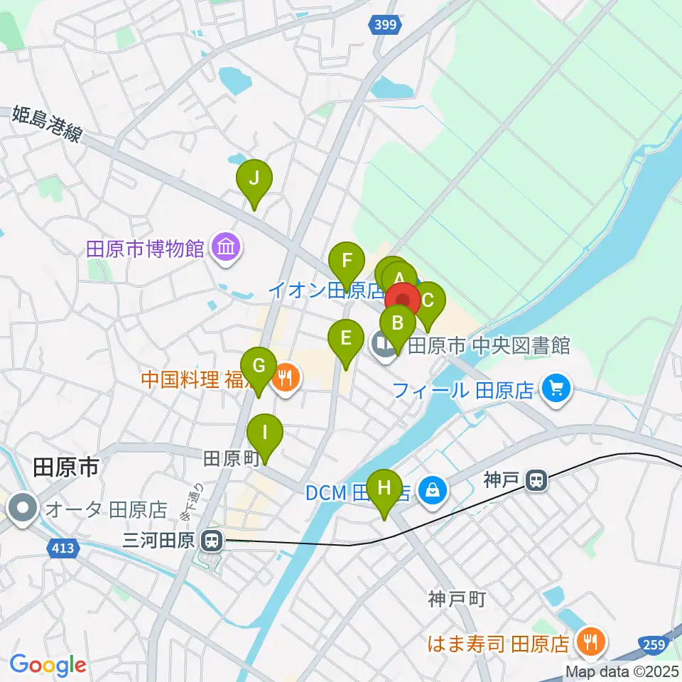 田原文化会館周辺のカフェ一覧地図