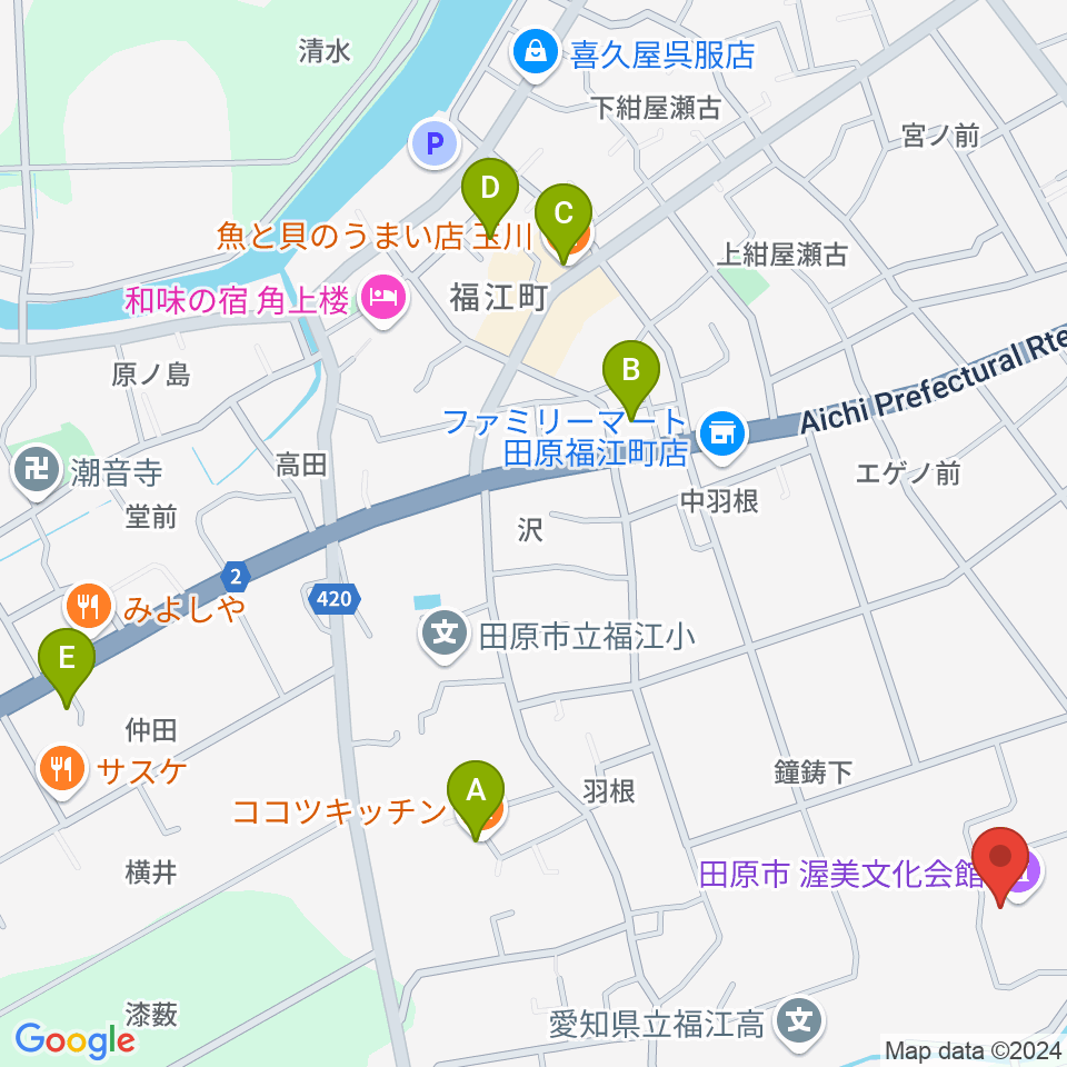 渥美文化会館周辺のカフェ一覧地図