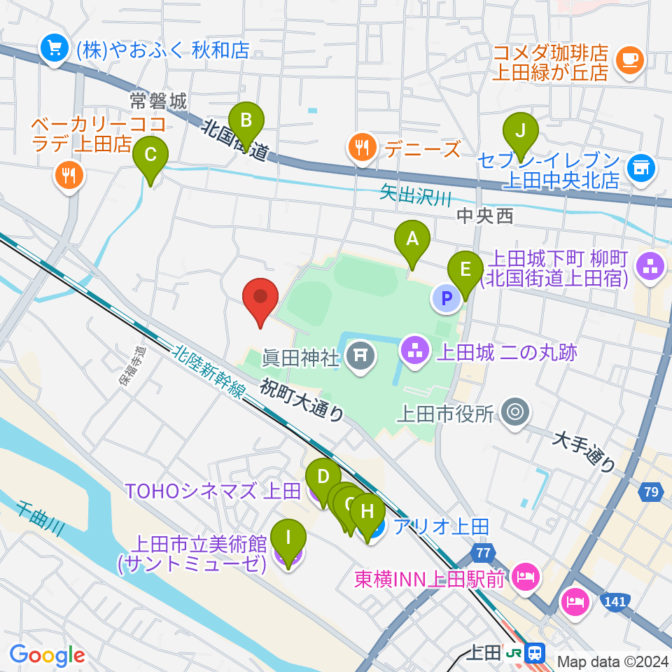 上田城跡公園体育館周辺のカフェ一覧地図