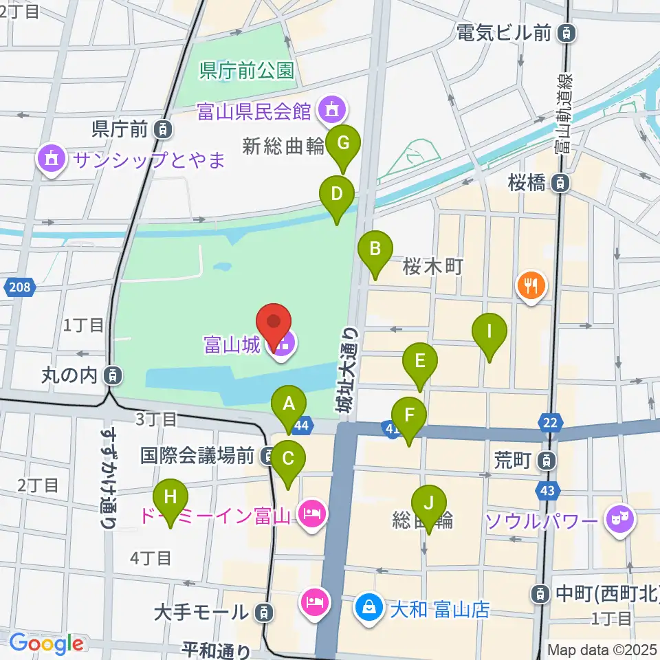 富山市郷土博物館周辺のカフェ一覧地図