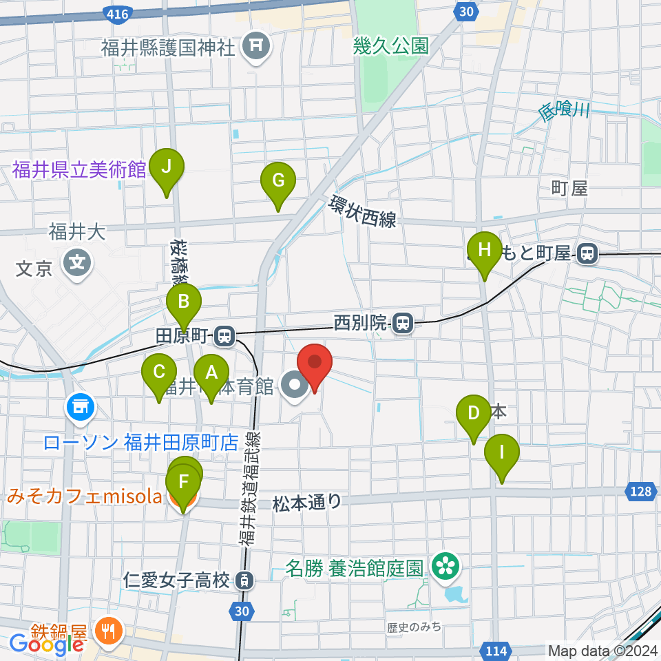 福井市弓道場周辺のカフェ一覧地図