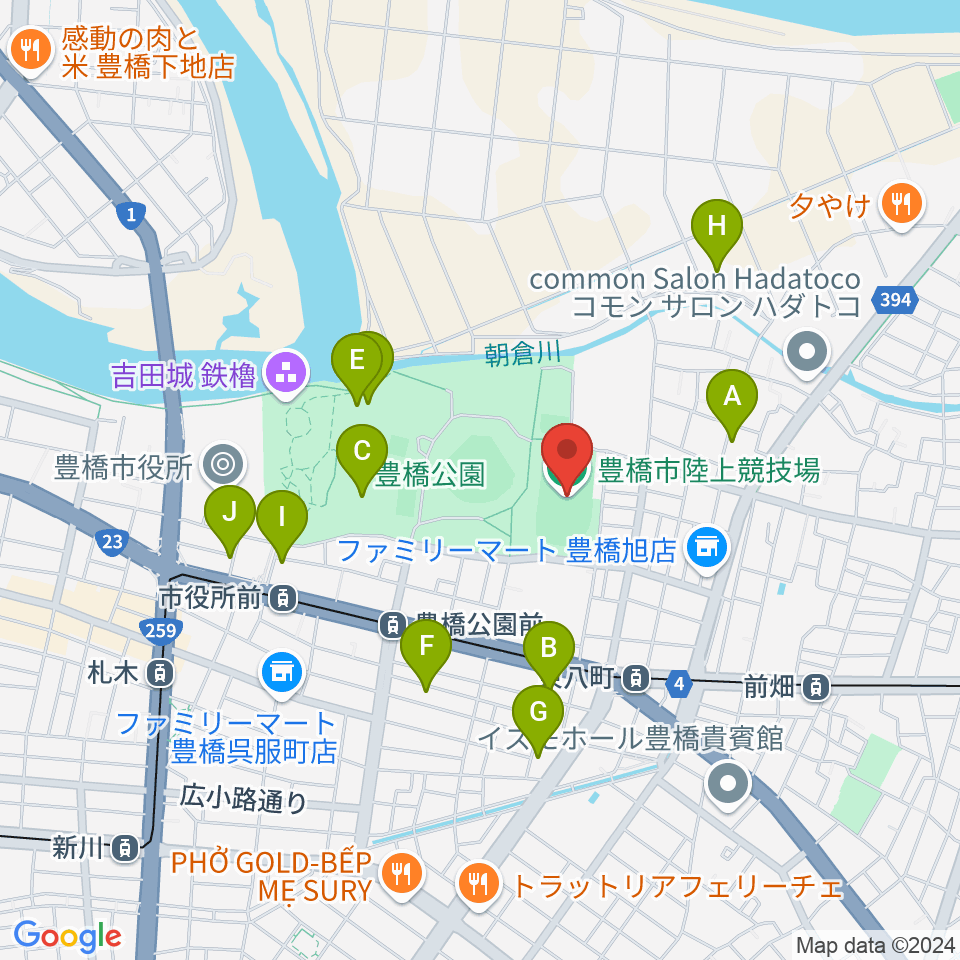 豊橋市陸上競技場周辺のカフェ一覧地図