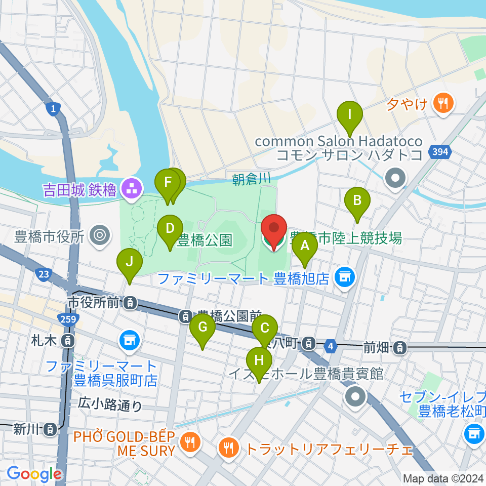 豊橋市陸上競技場周辺のカフェ一覧地図