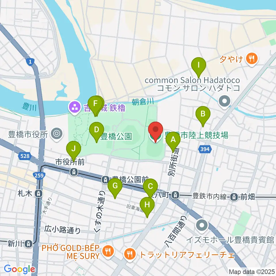 豊橋市陸上競技場周辺のカフェ一覧地図