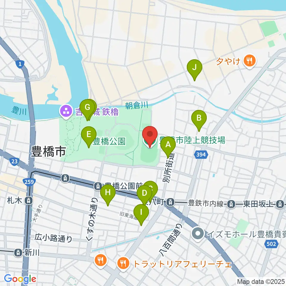 豊橋市陸上競技場周辺のカフェ一覧地図