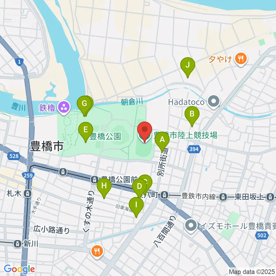 豊橋市陸上競技場周辺のカフェ一覧地図