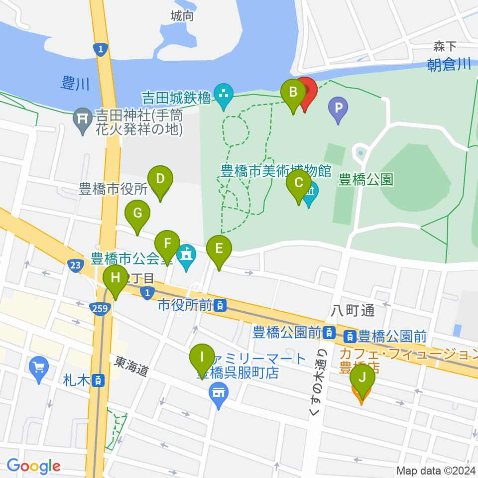 豊橋市三の丸会館周辺のカフェ一覧地図