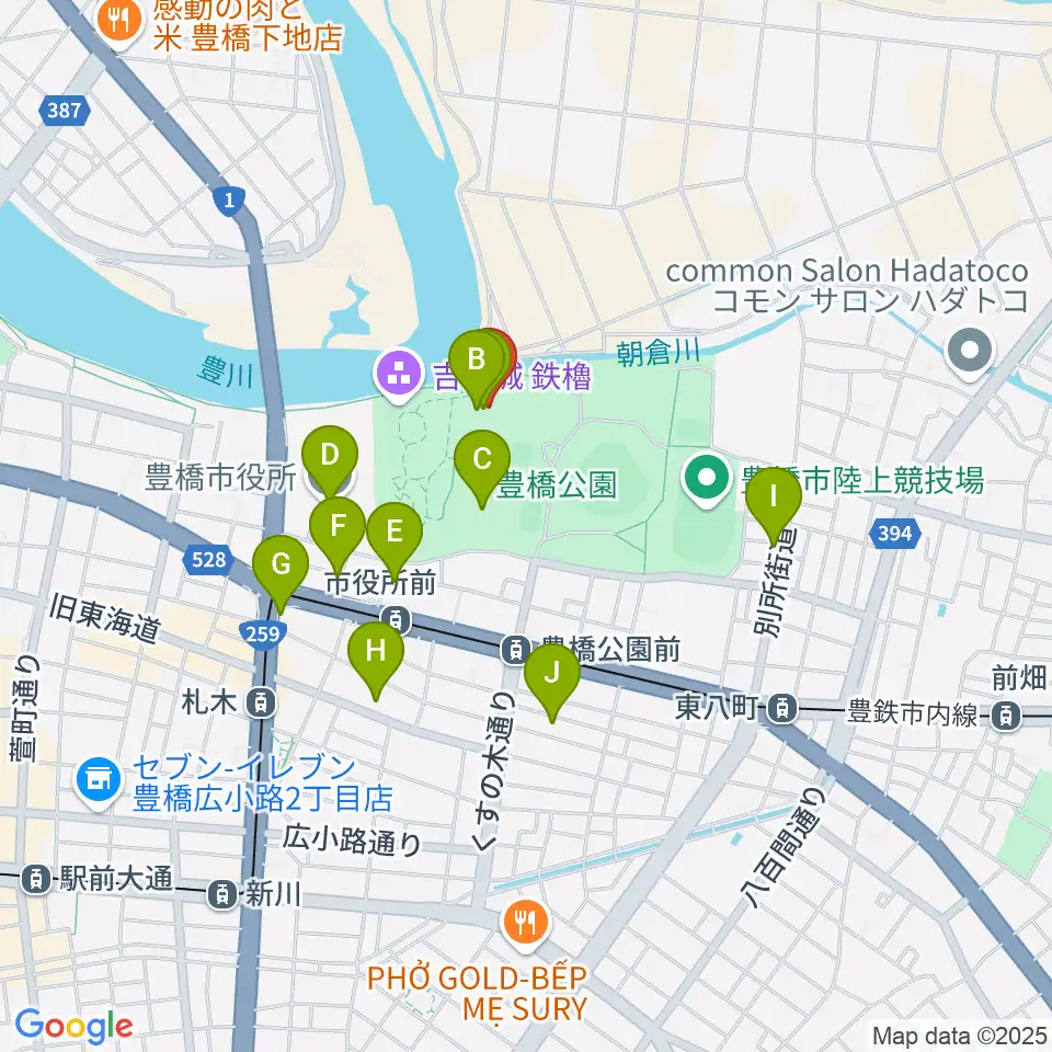 豊橋市三の丸会館周辺のカフェ一覧地図