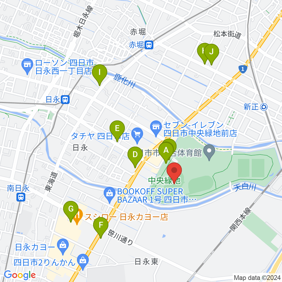 四日市市中央陸上競技場周辺のカフェ一覧地図