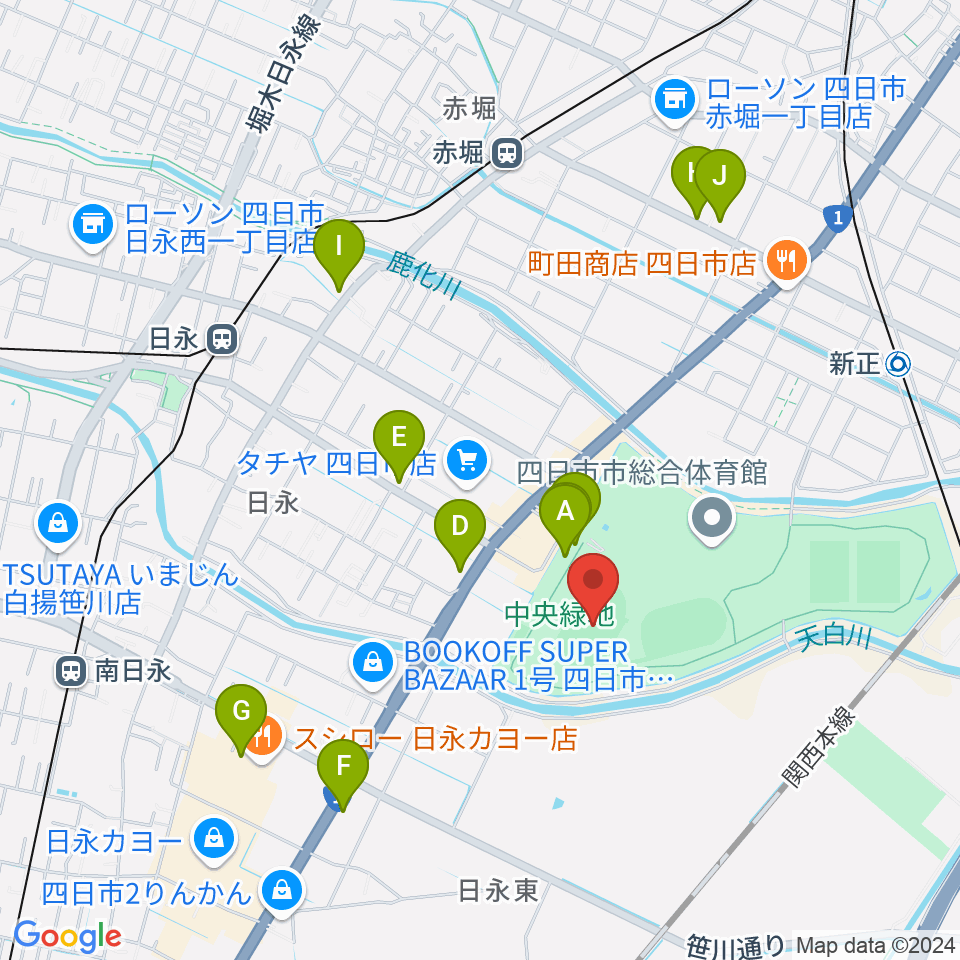 四日市市中央陸上競技場周辺のカフェ一覧地図