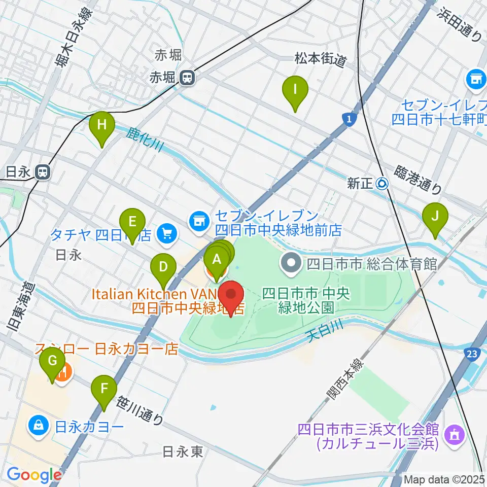 四日市市中央陸上競技場周辺のカフェ一覧地図