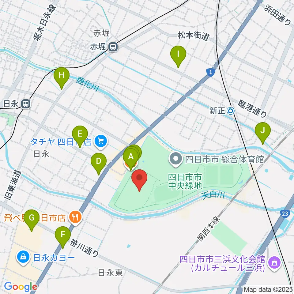 四日市市中央陸上競技場周辺のカフェ一覧地図