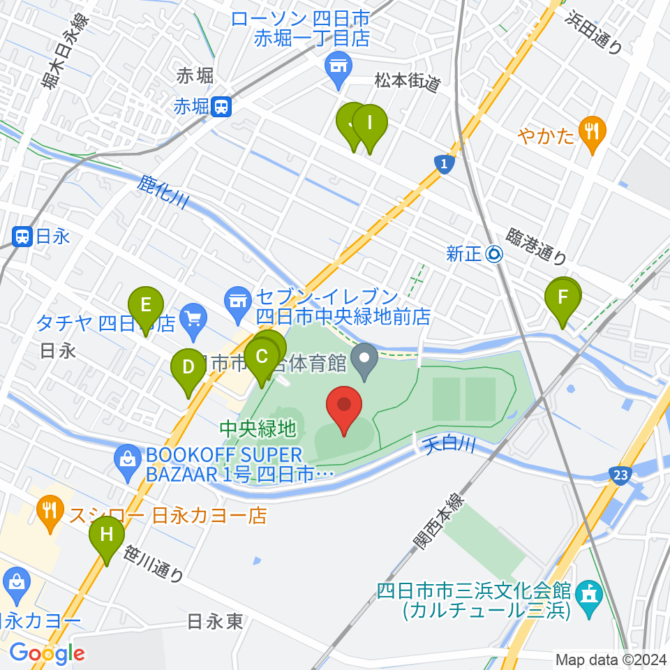 四日市市中央フットボール場Aフィールド周辺のカフェ一覧地図