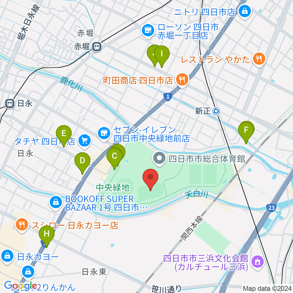 四日市市中央フットボール場Aフィールド周辺のカフェ一覧地図