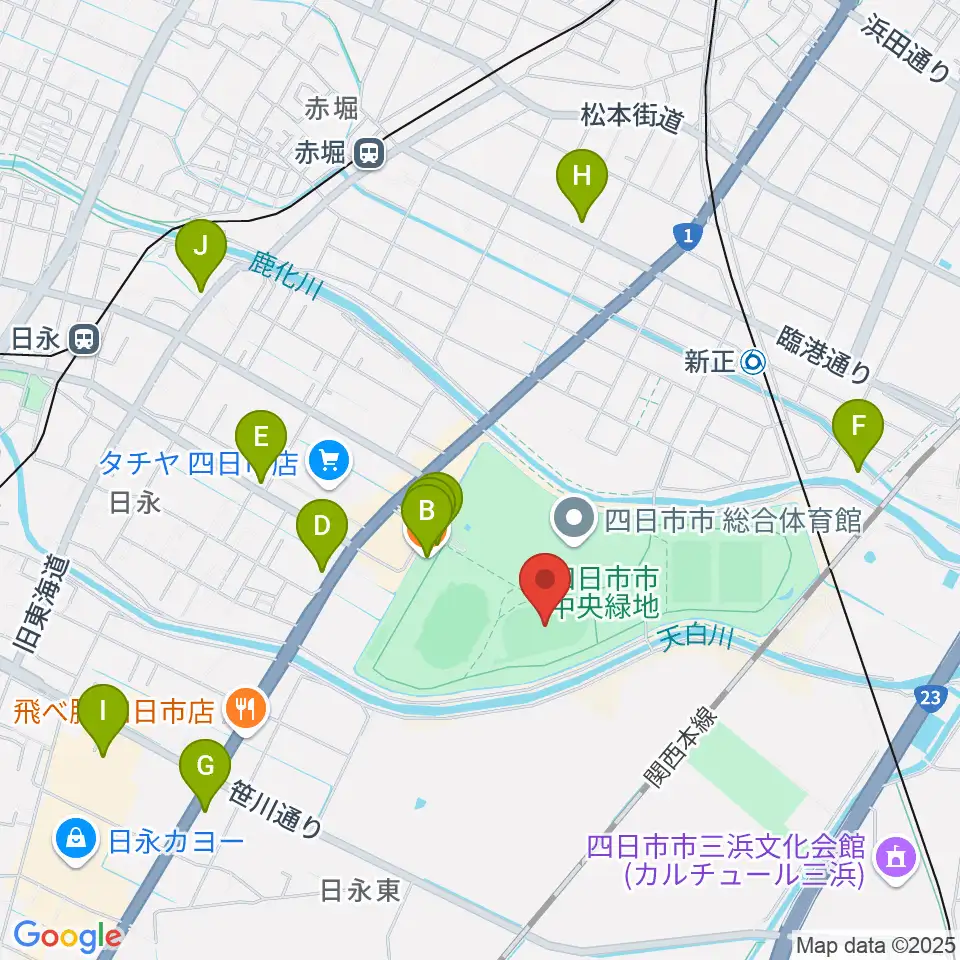 四日市市中央フットボール場Aフィールド周辺のカフェ一覧地図