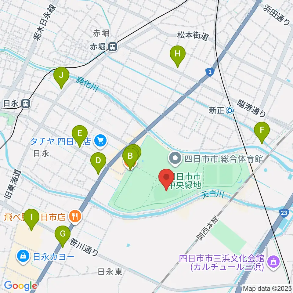 四日市市中央フットボール場Aフィールド周辺のカフェ一覧地図