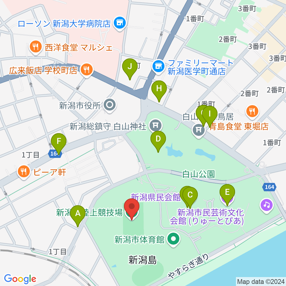 新潟市陸上競技場周辺のカフェ一覧地図