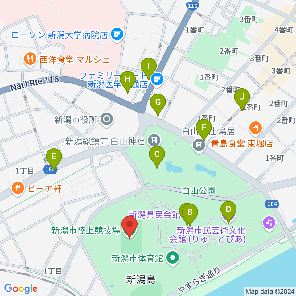 新潟市陸上競技場周辺のカフェ一覧地図