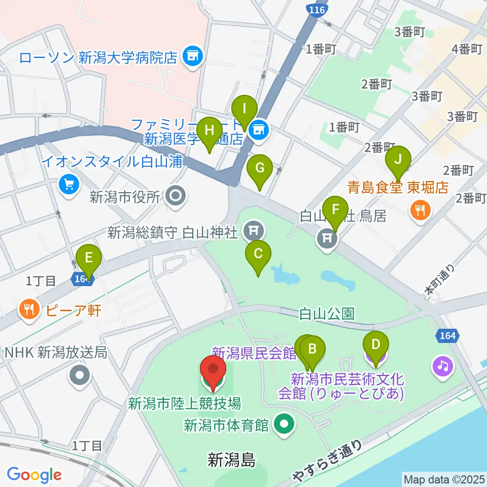 新潟市陸上競技場周辺のカフェ一覧地図