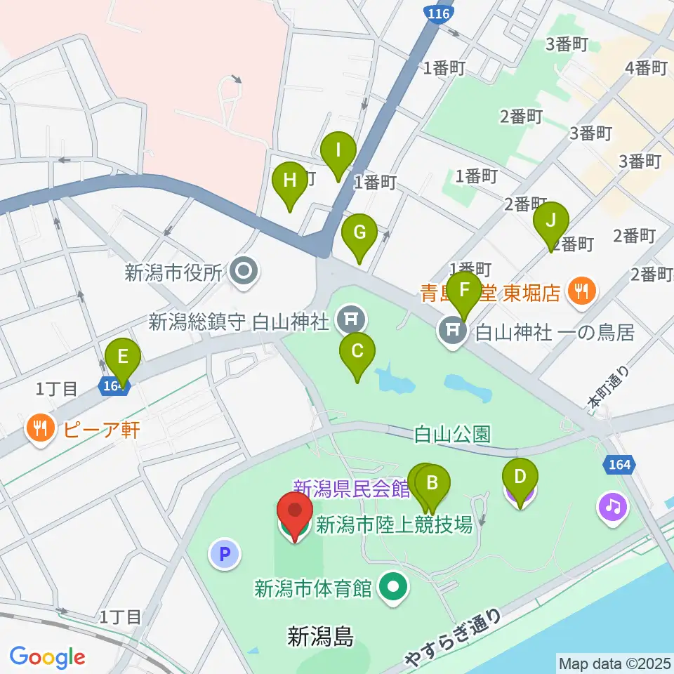 新潟市陸上競技場周辺のカフェ一覧地図