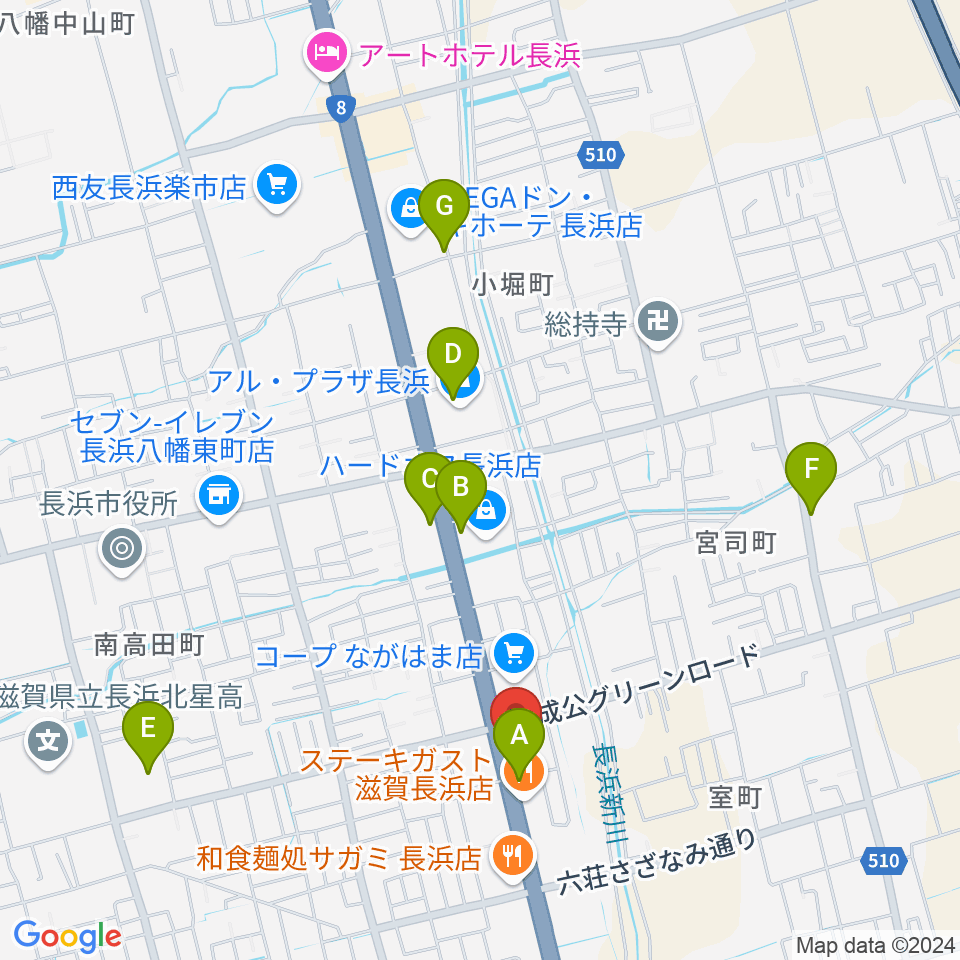 長浜市民体育館周辺のカフェ一覧地図