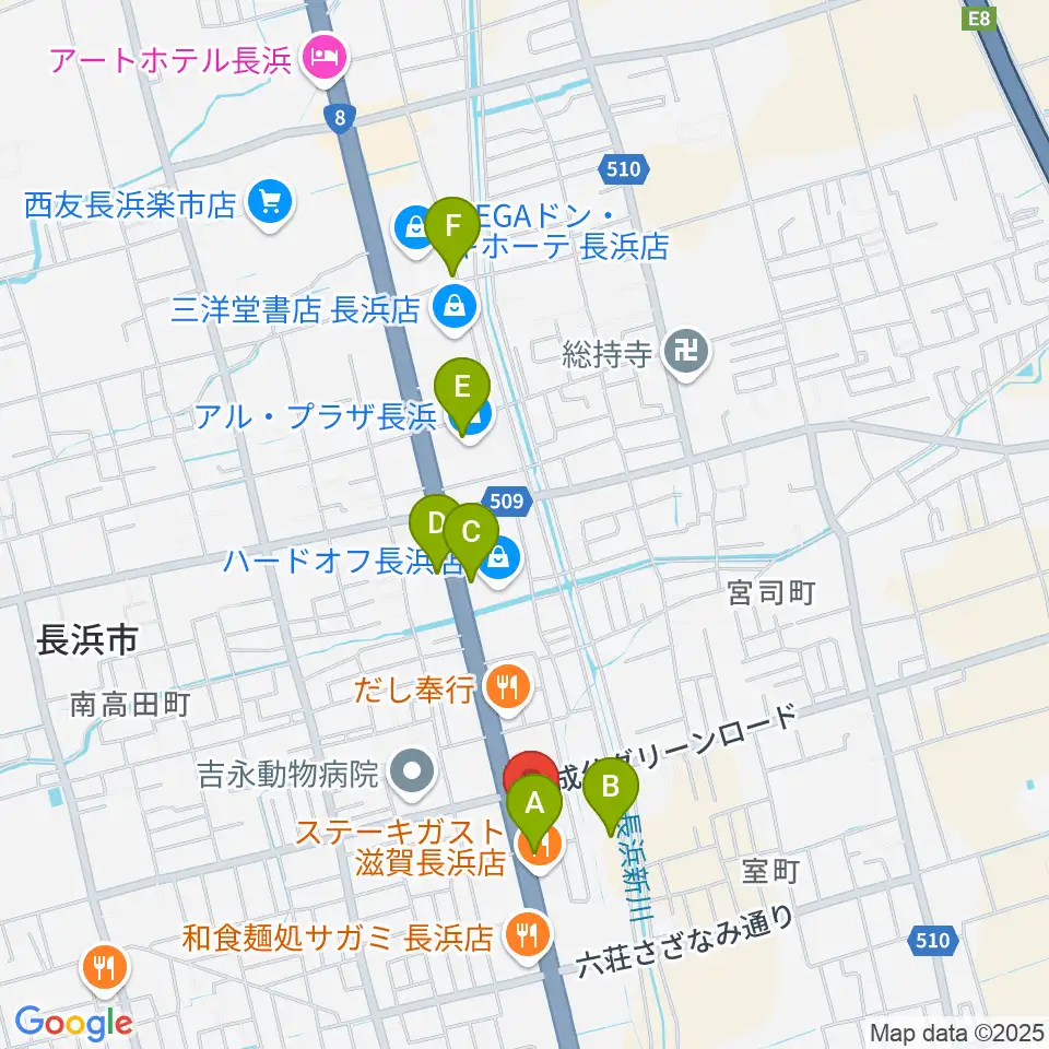 長浜市民体育館周辺のカフェ一覧地図